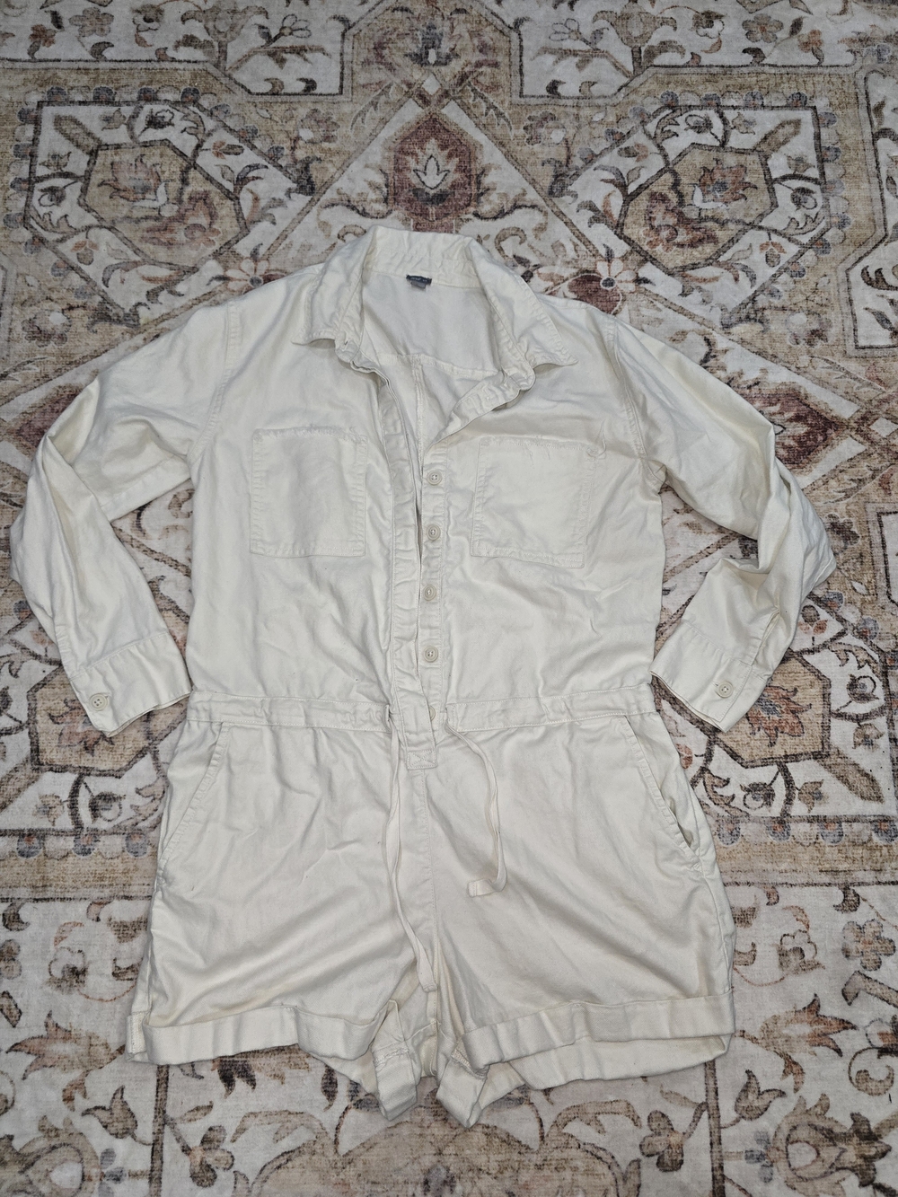 aerie Cream Button-Front Denim Utility Romper